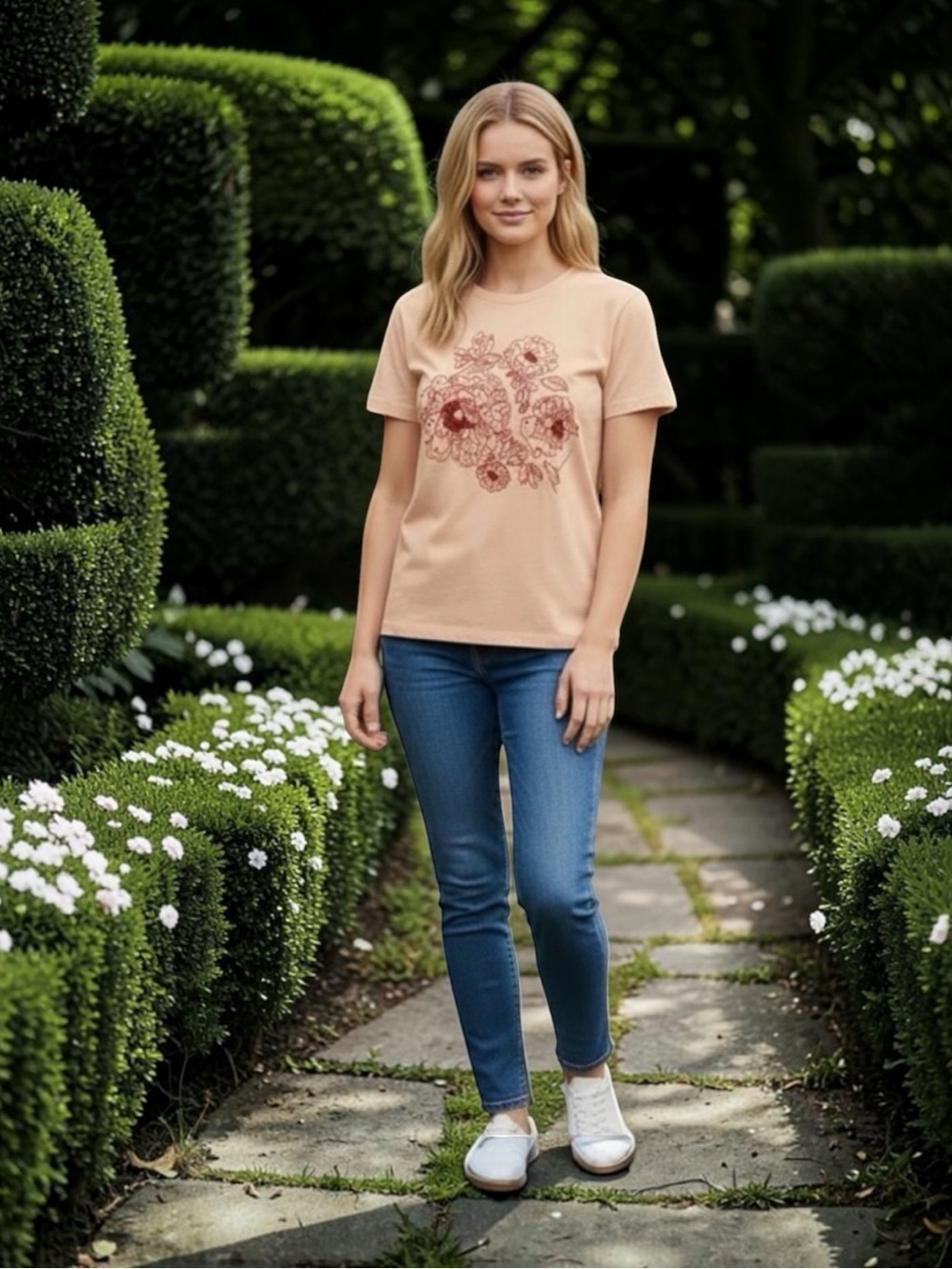 NWOT Donna Karan Peach Embroidery,Hand Beaded Short Sleeve Top     size Small